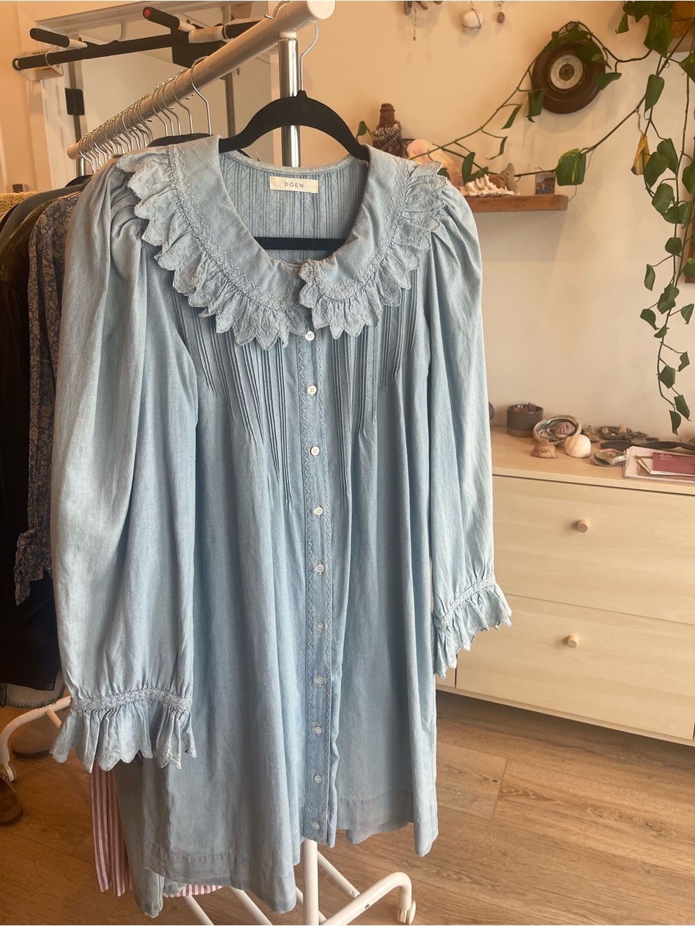 Doen Chambray Ruffled Collar Shirt Dress